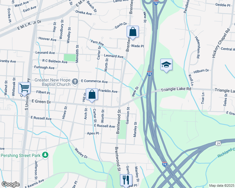 map of restaurants, bars, coffee shops, grocery stores, and more near 1905 Franklin Avenue in High Point
