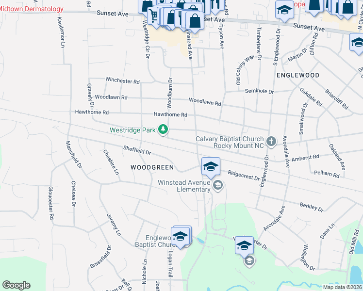 map of restaurants, bars, coffee shops, grocery stores, and more near 3312 Amherst Road in Rocky Mount