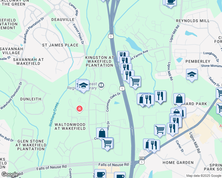map of restaurants, bars, coffee shops, grocery stores, and more near 11555 Common Oaks Drive in Raleigh