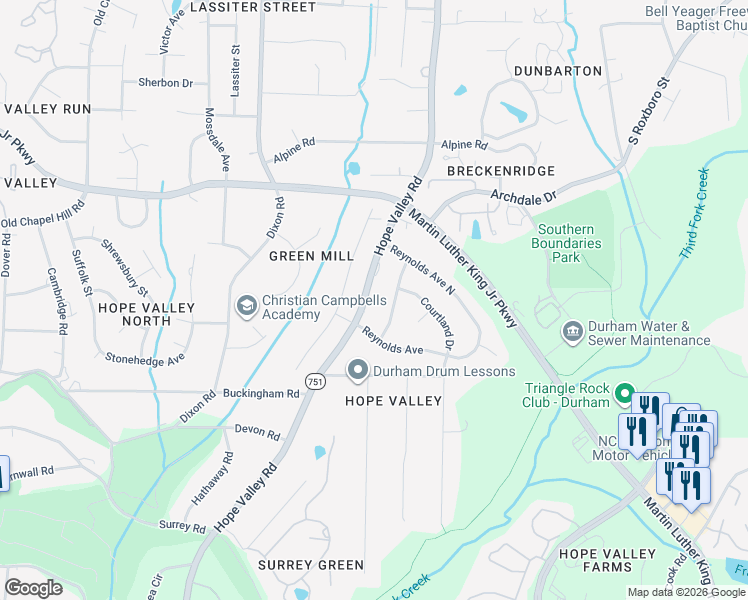 map of restaurants, bars, coffee shops, grocery stores, and more near 3445 Sheridan Drive in Durham