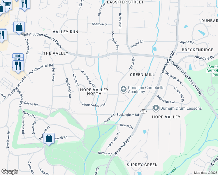 map of restaurants, bars, coffee shops, grocery stores, and more near 3622 Colchester Street in Durham