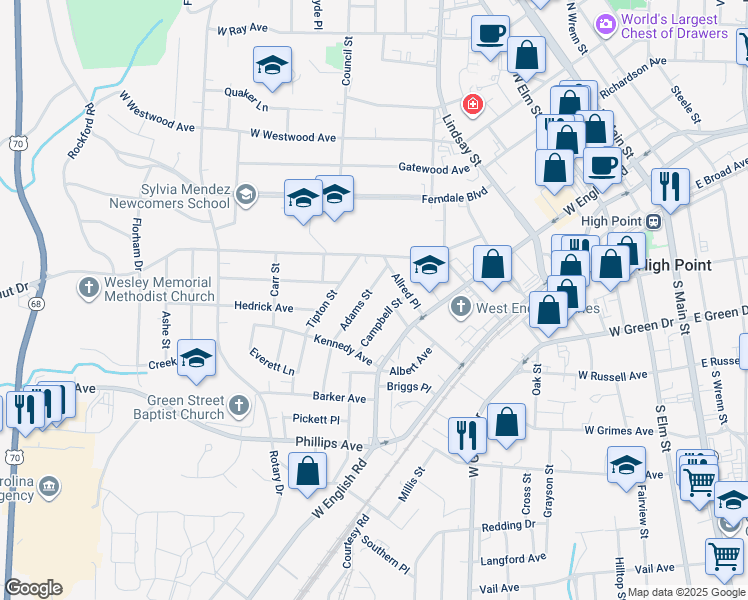 map of restaurants, bars, coffee shops, grocery stores, and more near 307 Allred Place in High Point