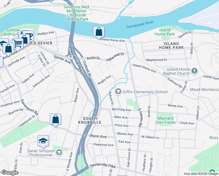 map of restaurants, bars, coffee shops, grocery stores, and more near 1717 Lenland Avenue in Knoxville
