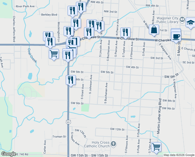 map of restaurants, bars, coffee shops, grocery stores, and more near 1003 Southwest 5th Street in Wagoner
