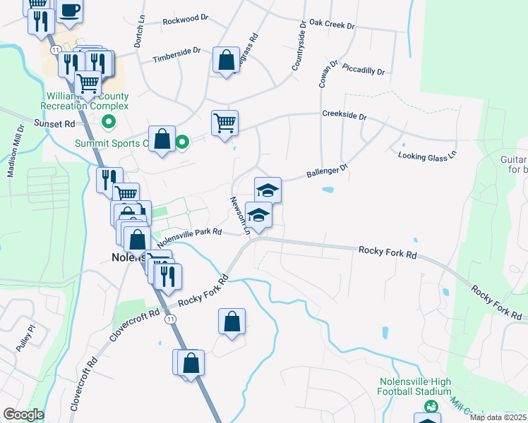 map of restaurants, bars, coffee shops, grocery stores, and more near 2338 Rocky Fork Road in Nolensville