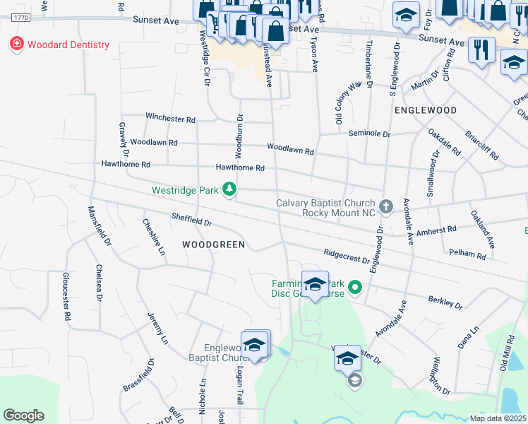 map of restaurants, bars, coffee shops, grocery stores, and more near 3309 Amherst Road in Rocky Mount