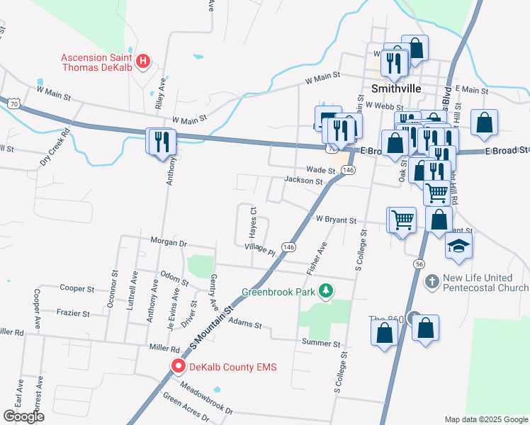 map of restaurants, bars, coffee shops, grocery stores, and more near 641 Restview Avenue in Smithville