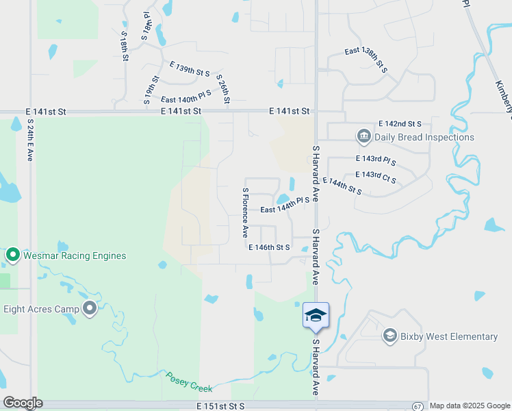 map of restaurants, bars, coffee shops, grocery stores, and more near 3147 East 144th Place South in Bixby