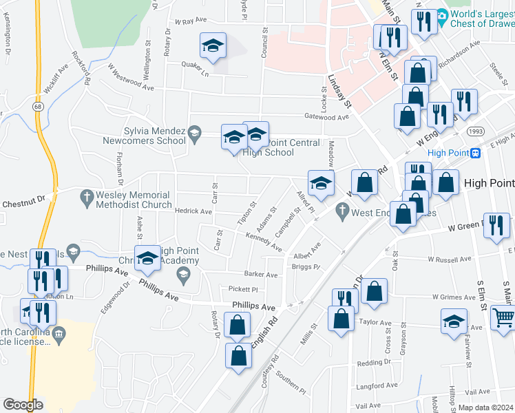 map of restaurants, bars, coffee shops, grocery stores, and more near 1107 Tipton Street in High Point