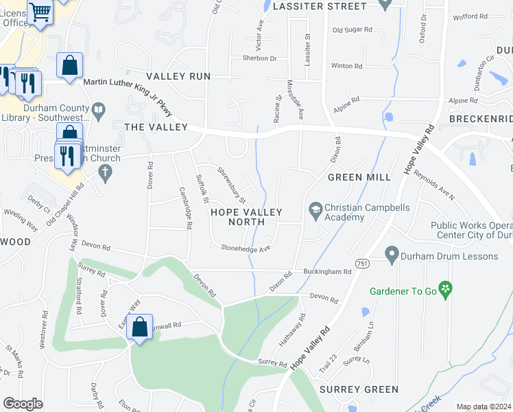 map of restaurants, bars, coffee shops, grocery stores, and more near 3641 Shrewsbury Street in Durham