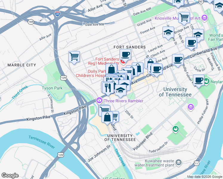map of restaurants, bars, coffee shops, grocery stores, and more near 2121 Cumberland Avenue in Knoxville