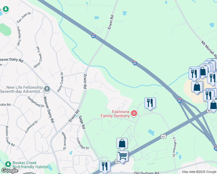 map of restaurants, bars, coffee shops, grocery stores, and more near 403 Englewood Drive in Chapel Hill