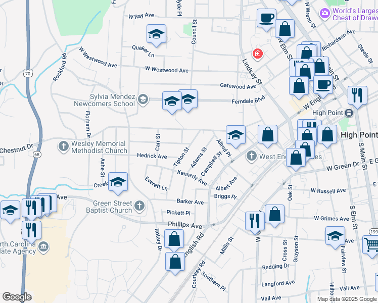 map of restaurants, bars, coffee shops, grocery stores, and more near 1107 Tipton Street in High Point