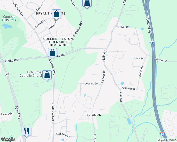 map of restaurants, bars, coffee shops, grocery stores, and more near 1905 Edgerton Drive in Durham