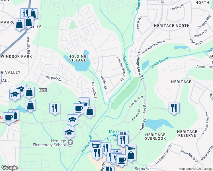 map of restaurants, bars, coffee shops, grocery stores, and more near 1617 Heritage Garden Street in Wake Forest