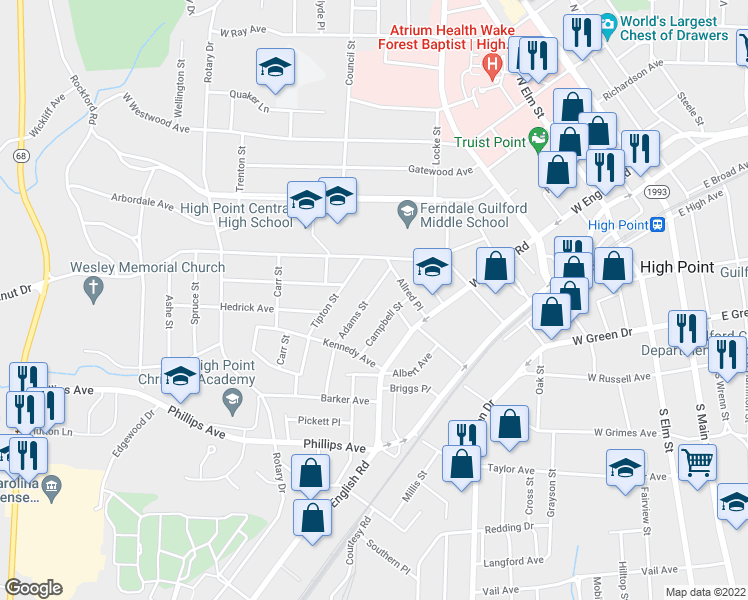 map of restaurants, bars, coffee shops, grocery stores, and more near 1101 Adams Street in High Point