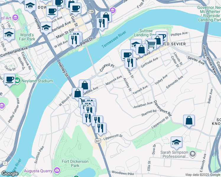 map of restaurants, bars, coffee shops, grocery stores, and more near 416 Mimosa Avenue in Knoxville