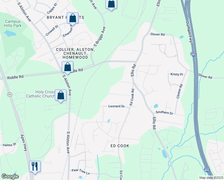 map of restaurants, bars, coffee shops, grocery stores, and more near 1905 Edgerton Drive in Durham