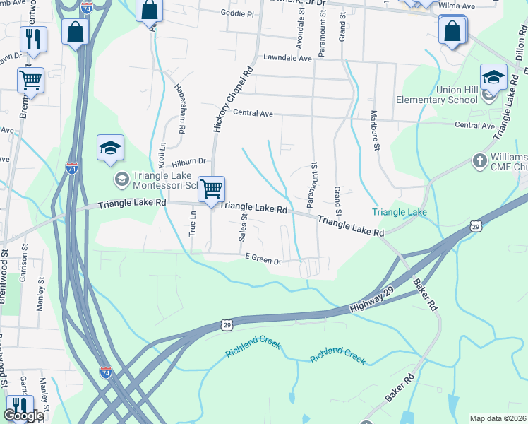 map of restaurants, bars, coffee shops, grocery stores, and more near 2901 Triangle Lake Road in High Point