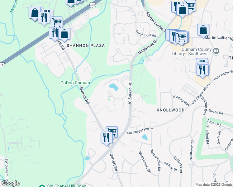 map of restaurants, bars, coffee shops, grocery stores, and more near 4800 University Drive in Durham