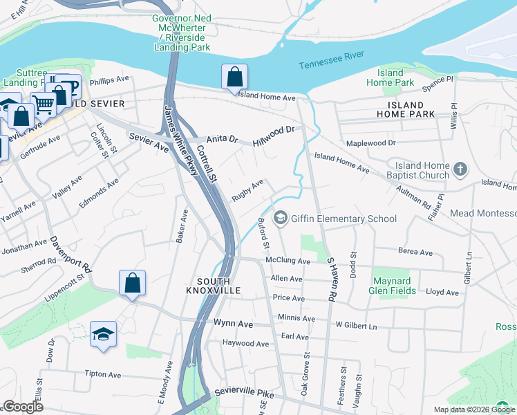 map of restaurants, bars, coffee shops, grocery stores, and more near 1717 Lenland Avenue in Knoxville