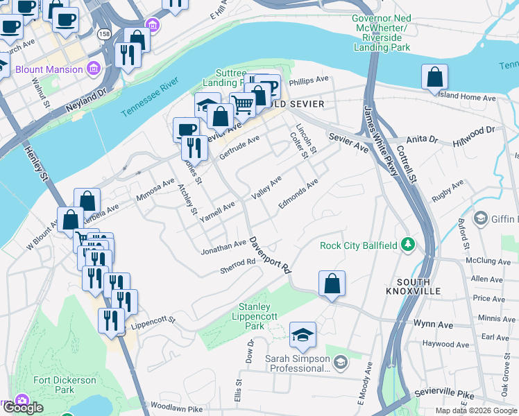 map of restaurants, bars, coffee shops, grocery stores, and more near 912 Hall Street in Knoxville