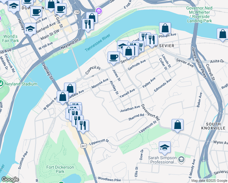 map of restaurants, bars, coffee shops, grocery stores, and more near 2217 Jones Street in Knoxville