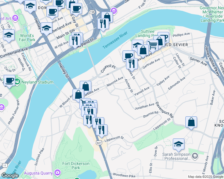 map of restaurants, bars, coffee shops, grocery stores, and more near 416 Mimosa Avenue in Knoxville
