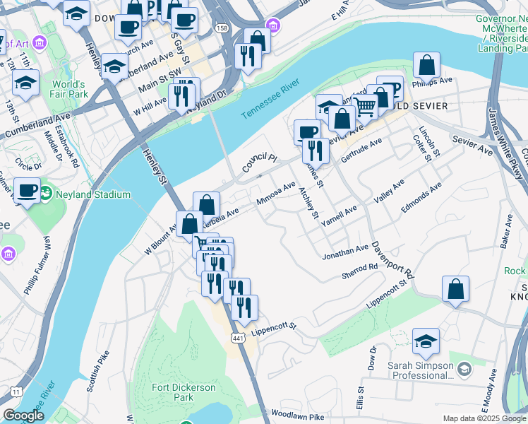 map of restaurants, bars, coffee shops, grocery stores, and more near 416 Mimosa Avenue in Knoxville