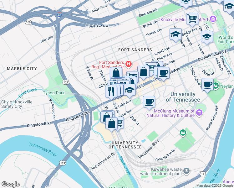 map of restaurants, bars, coffee shops, grocery stores, and more near 2109 Tennessee 1 in Knoxville