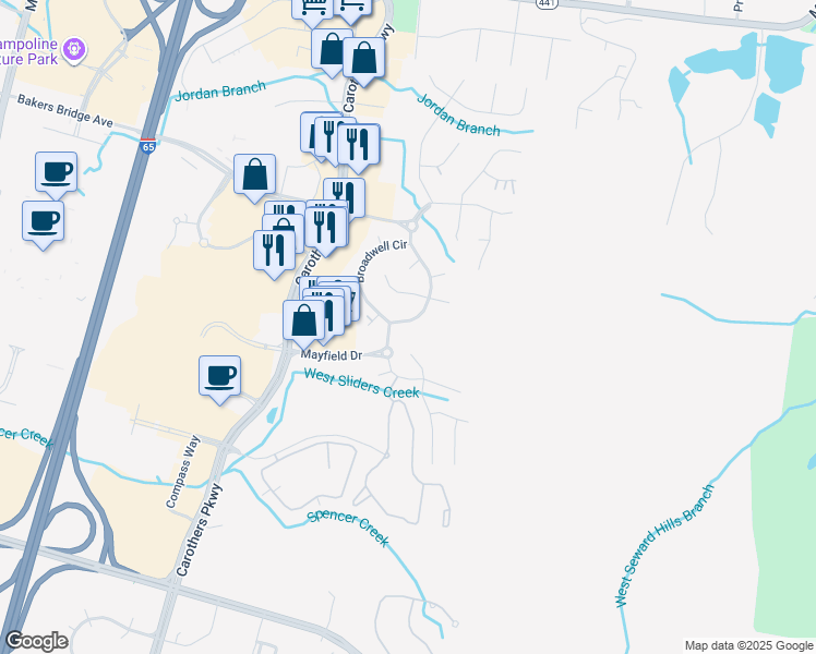 map of restaurants, bars, coffee shops, grocery stores, and more near 164 Broadwell Circle in Franklin