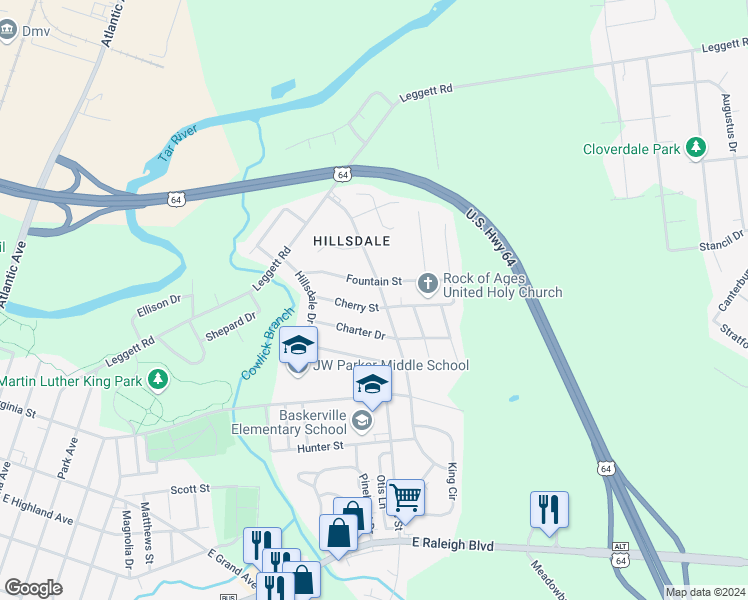 map of restaurants, bars, coffee shops, grocery stores, and more near 1420 Barnes Street in Rocky Mount