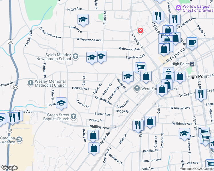 map of restaurants, bars, coffee shops, grocery stores, and more near 1013 Tipton Street in High Point