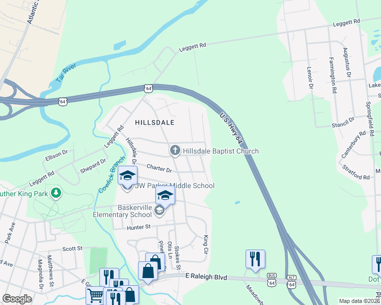 map of restaurants, bars, coffee shops, grocery stores, and more near 1701 Fountain Street in Rocky Mount