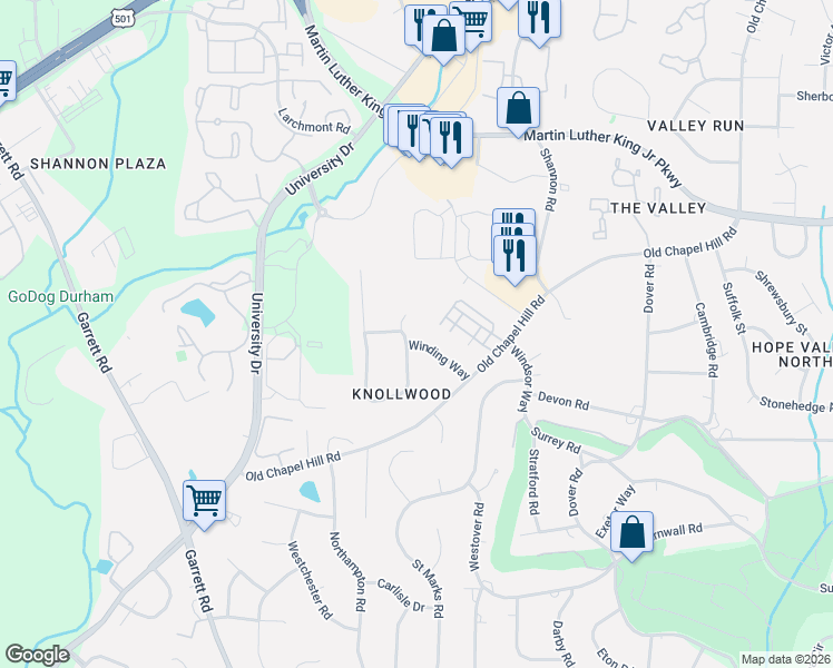 map of restaurants, bars, coffee shops, grocery stores, and more near 4170 Deepwood Circle in Durham