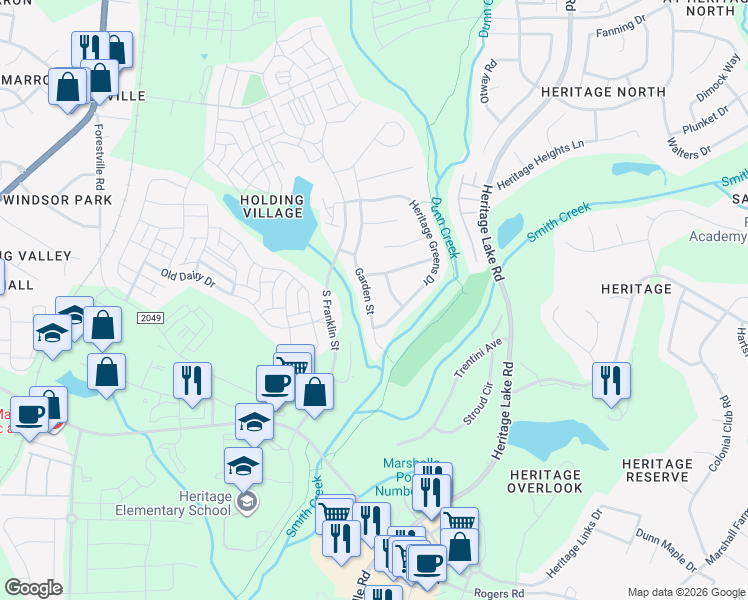 map of restaurants, bars, coffee shops, grocery stores, and more near 1617 Heritage Garden Street in Wake Forest