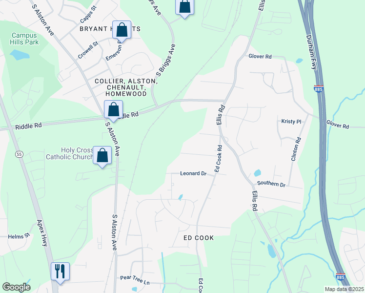 map of restaurants, bars, coffee shops, grocery stores, and more near 1903 Edgerton Drive in Durham