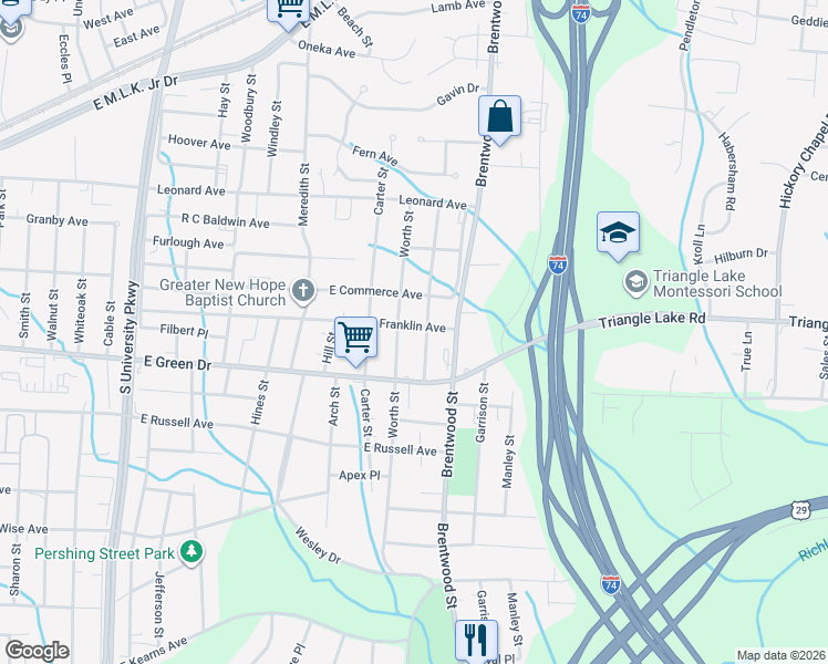 map of restaurants, bars, coffee shops, grocery stores, and more near 1801 Franklin Avenue in High Point