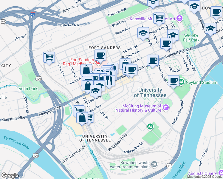 map of restaurants, bars, coffee shops, grocery stores, and more near 1830 Cumberland Avenue in Knoxville