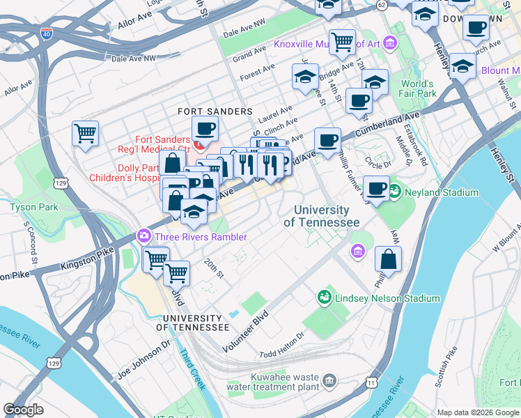 map of restaurants, bars, coffee shops, grocery stores, and more near 1720 Lake Avenue in Knoxville