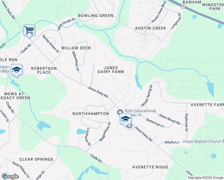 map of restaurants, bars, coffee shops, grocery stores, and more near 1001 Hornbuckle Court in Wake Forest