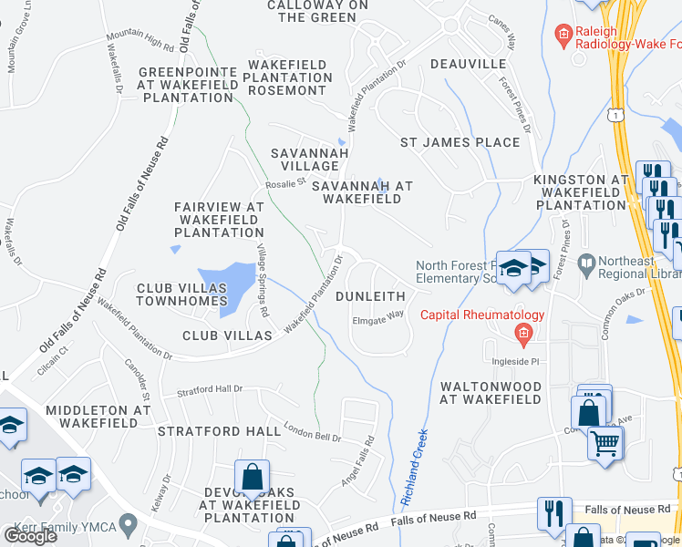 map of restaurants, bars, coffee shops, grocery stores, and more near 12525 Richmond Run Drive in Raleigh