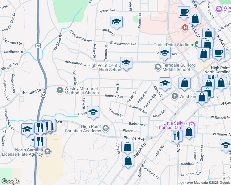 map of restaurants, bars, coffee shops, grocery stores, and more near 710 Carr Street in High Point