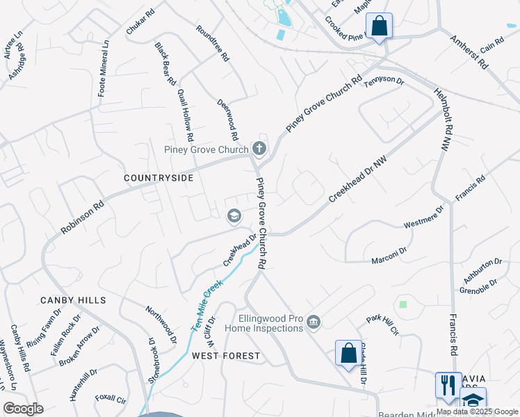 map of restaurants, bars, coffee shops, grocery stores, and more near 2401 Pine Marten Way Northwest in Knoxville