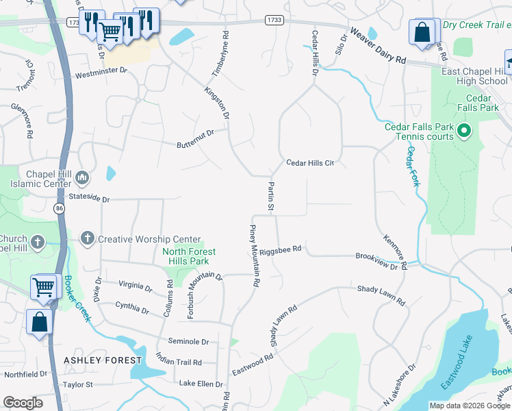 map of restaurants, bars, coffee shops, grocery stores, and more near 105 Partin Street in Chapel Hill