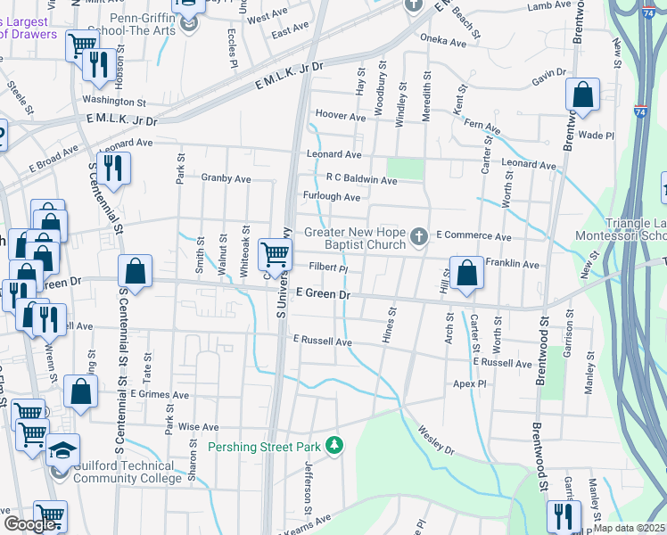 map of restaurants, bars, coffee shops, grocery stores, and more near 1306 Filbert Place in High Point