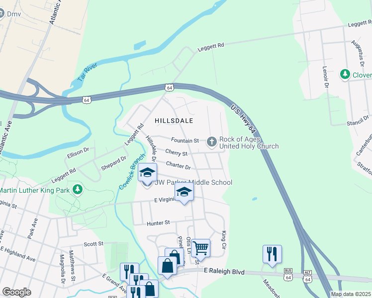 map of restaurants, bars, coffee shops, grocery stores, and more near 1428 Barnes Street in Rocky Mount