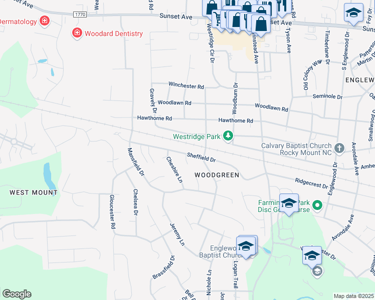 map of restaurants, bars, coffee shops, grocery stores, and more near 3508 Sheffield Drive in Rocky Mount