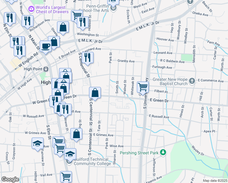 map of restaurants, bars, coffee shops, grocery stores, and more near 701 East Green Drive in High Point