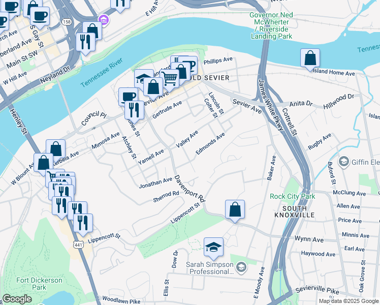 map of restaurants, bars, coffee shops, grocery stores, and more near 912 Hall Street in Knoxville